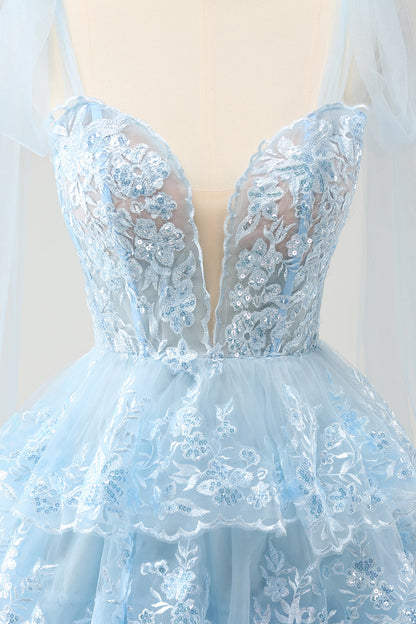 Glitter Blue A Line Embroidery Tiered Homecoming Dress with Appliques