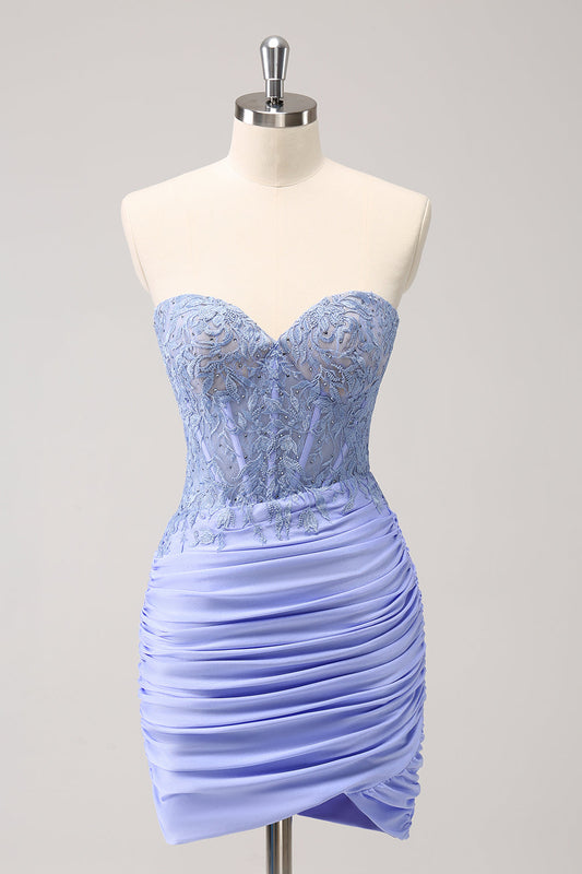 Lilac Strapless Corset Pleated Tight Homecoming Dress with Appliques