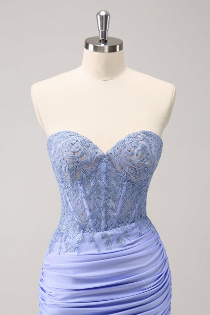 Lilac Strapless Corset Pleated Tight Homecoming Dress with Appliques