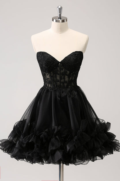 Cute Black A Line Corset Strapless Ruffled Short Homecoming Dress