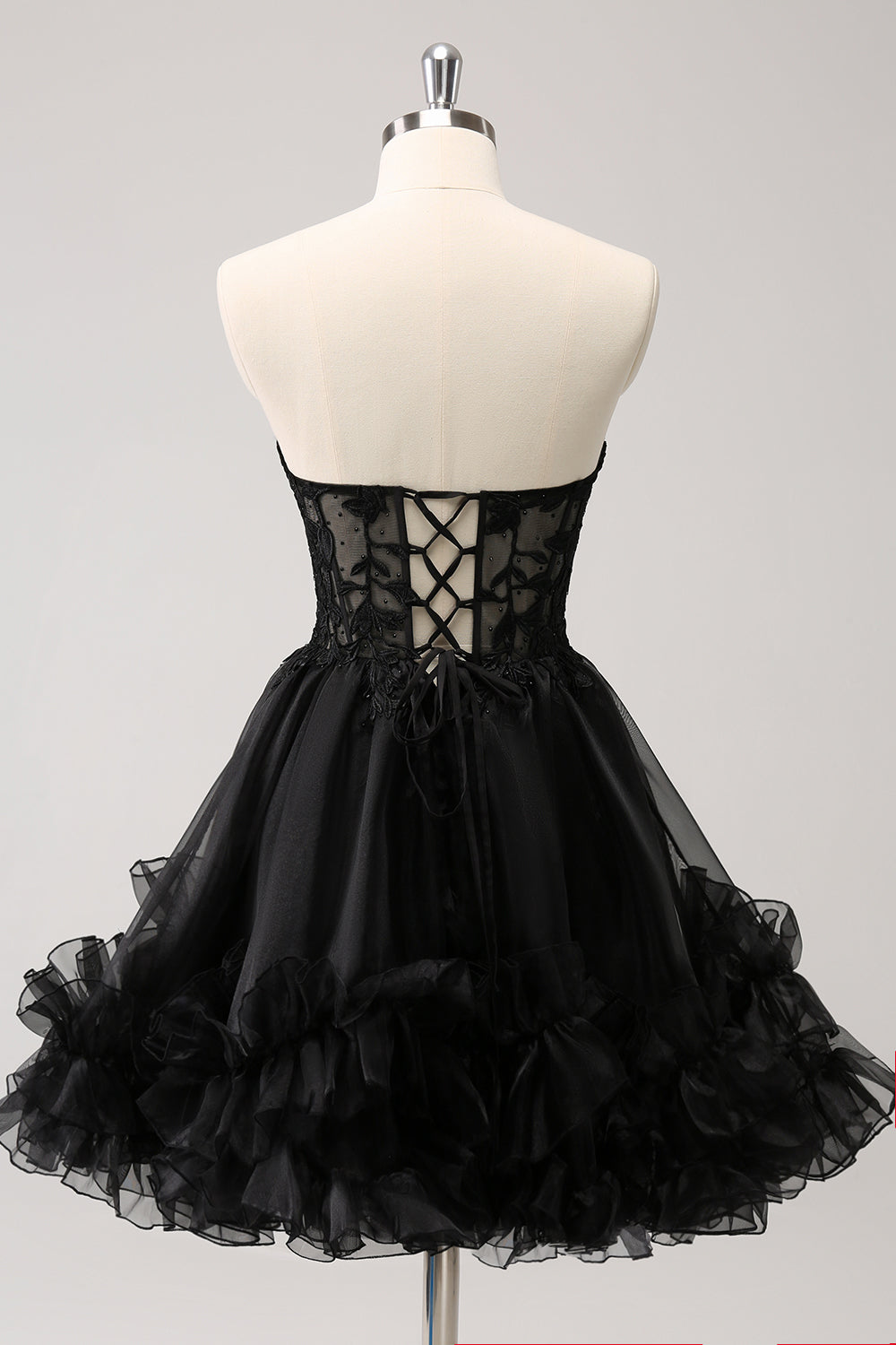 Cute Black A Line Corset Strapless Ruffled Short Homecoming Dress