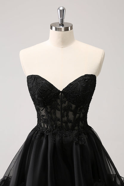 Cute Black A Line Corset Strapless Ruffled Short Homecoming Dress