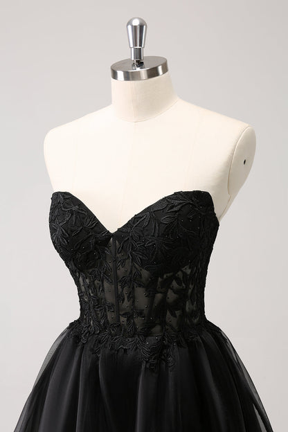 Cute Black A Line Corset Strapless Ruffled Short Homecoming Dress