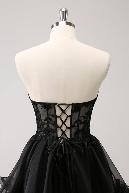 Cute Black A Line Corset Strapless Ruffled Short Homecoming Dress