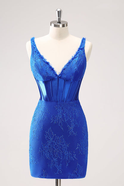 Royal Blue Bodycon V-Neck Short Homecoming Dress with Lace Up Back