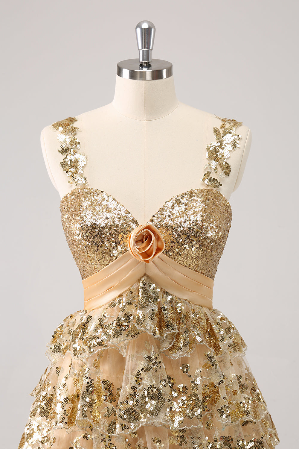 Golden A-Line Spaghetti Straps Sequined Homecoming Dress with Flower