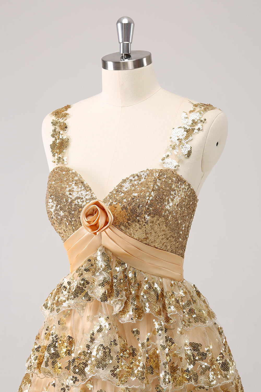 Golden A-Line Spaghetti Straps Sequined Homecoming Dress with Flower