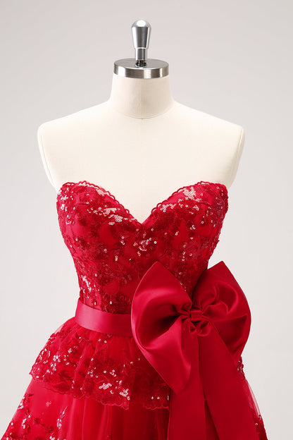 Sparkly Red A-Line Strapless Tiered Sequins Homecoming Dress with Bow