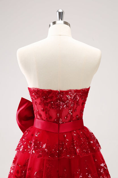 Sparkly Red A-Line Strapless Tiered Sequins Homecoming Dress with Bow