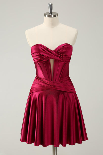 Burgundy A Line Sweetheart Strapless Keyhole Satin Homecoming Dress