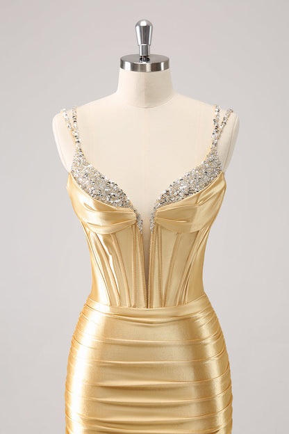 Golden Spaghetti Straps Bodycon Homecoming Dress with Sequins