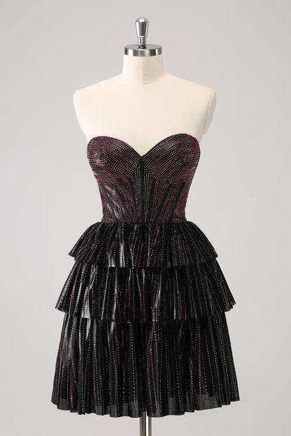 Sparkly Black Pink Sweetheart Tiered Homecoming Dress with Beading