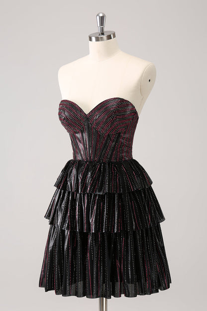 Sparkly Black Pink Sweetheart Tiered Homecoming Dress with Beading