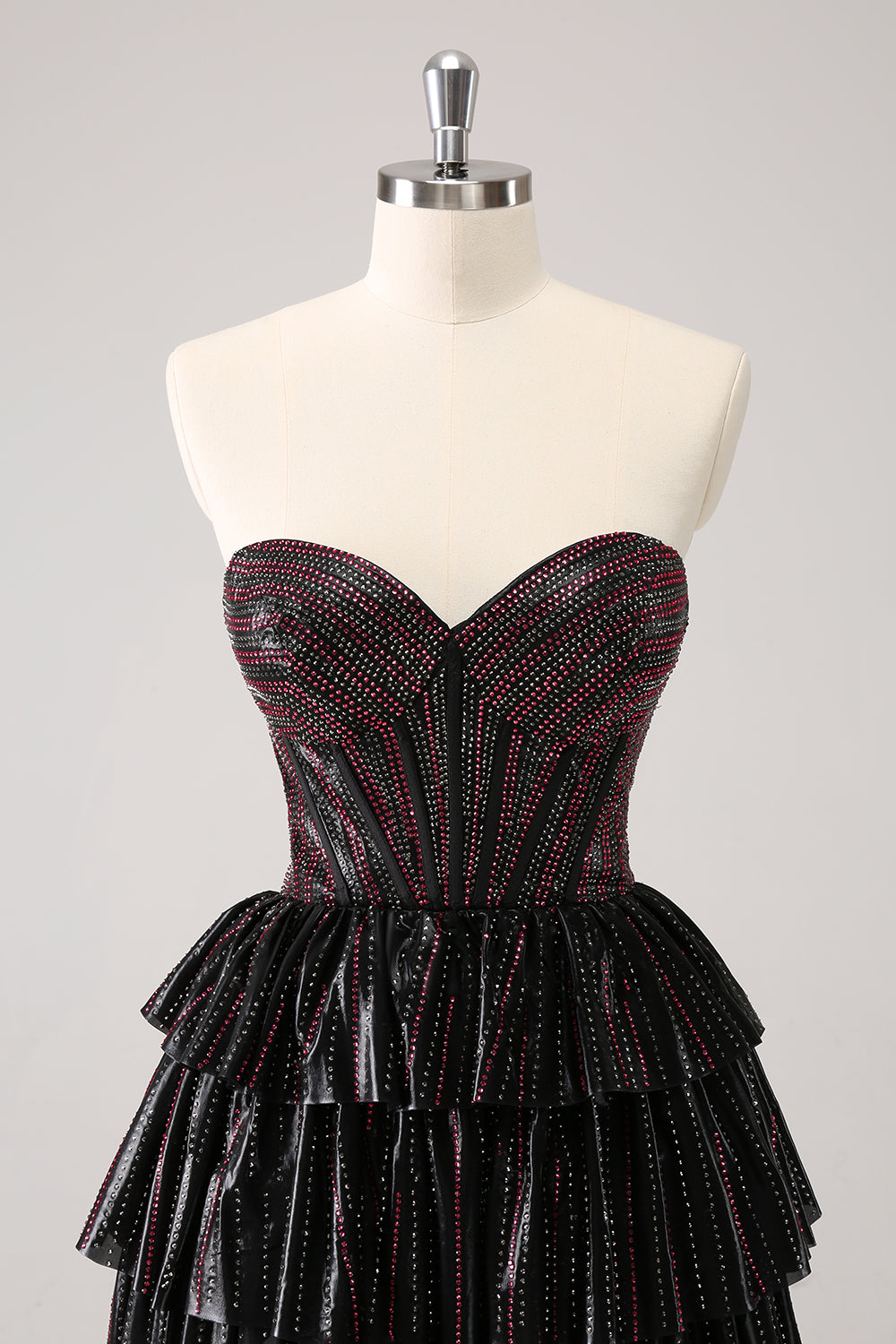 Sparkly Black Pink Sweetheart Tiered Homecoming Dress with Beading