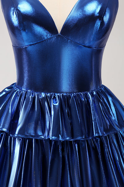 Ink Blue Spaghetti Straps A Line Tiered Short Homecoming Dress