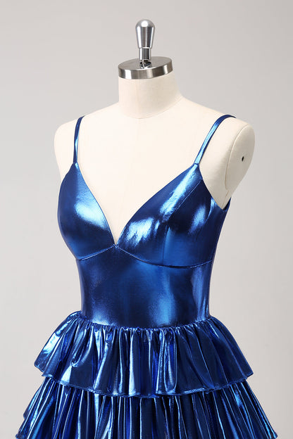 Ink Blue Spaghetti Straps A Line Tiered Short Homecoming Dress