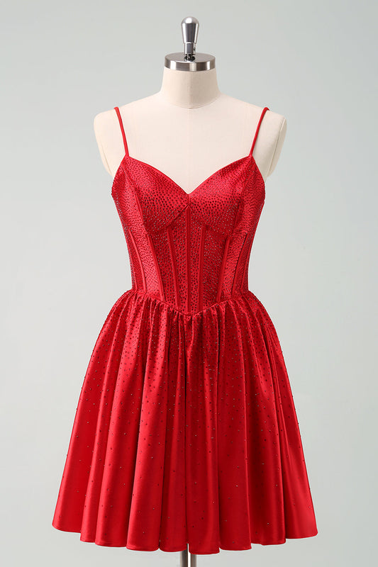 Red  A-Line Spaghetti Straps Corset Pleated Homecoming Dress