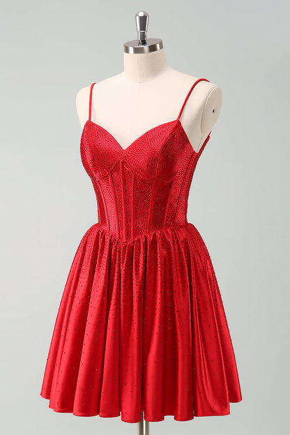 Red  A-Line Spaghetti Straps Corset Pleated Homecoming Dress