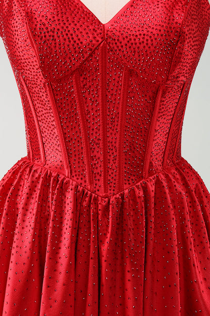 Red  A-Line Spaghetti Straps Corset Pleated Homecoming Dress