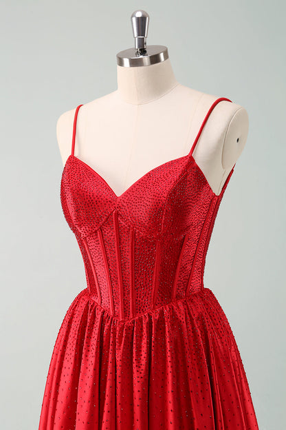 Red  A-Line Spaghetti Straps Corset Pleated Homecoming Dress