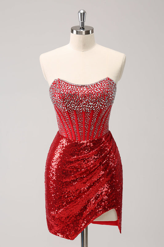 Sparkly Red Strapless Corset Sequined Beaded Tight Homecoming Dress with Slit