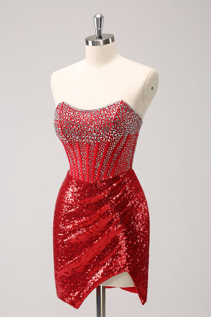 Sparkly Red Strapless Corset Sequined Beaded Tight Homecoming Dress with Slit