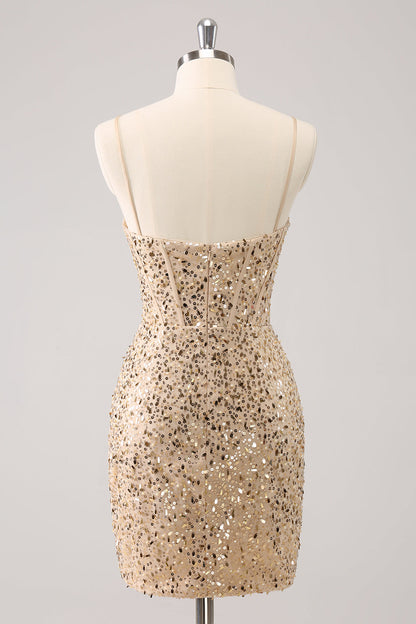 Sparkly Golden Spaghetti Straps Bodycon Homecoming Dress with Sequins