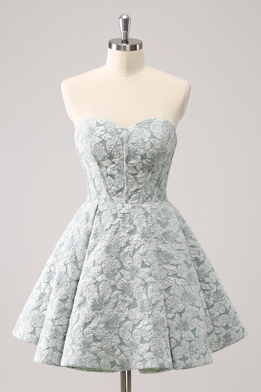 Grey Green A-Line Strapless Floral Short Homecoming Dress