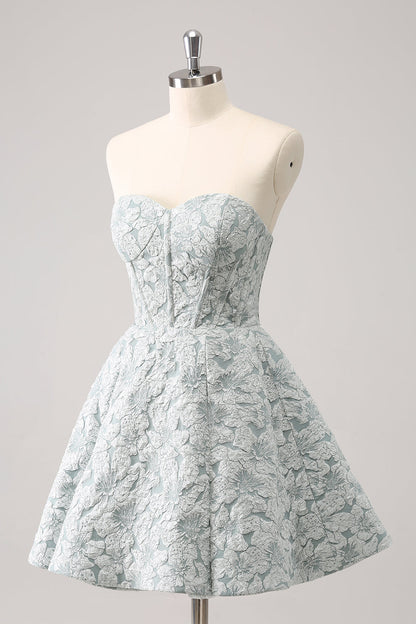 Grey Green A-Line Strapless Floral Short Homecoming Dress