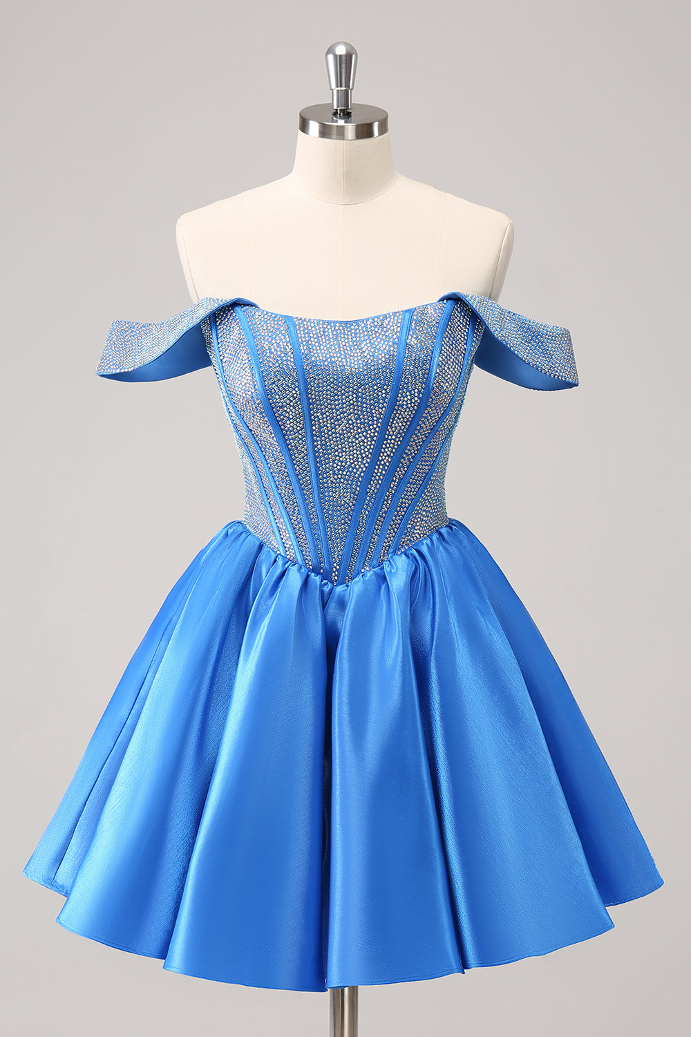 Sparkly Blue A Line Off the Shoulder Satin Ruffle Homecoming Dress with Beading