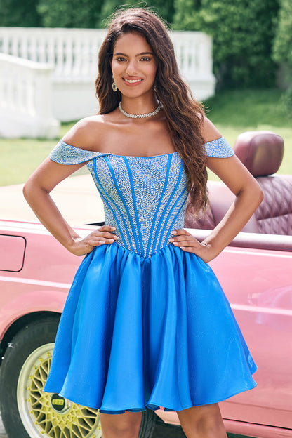 Sparkly Blue A Line Off the Shoulder Satin Ruffle Homecoming Dress with Beading