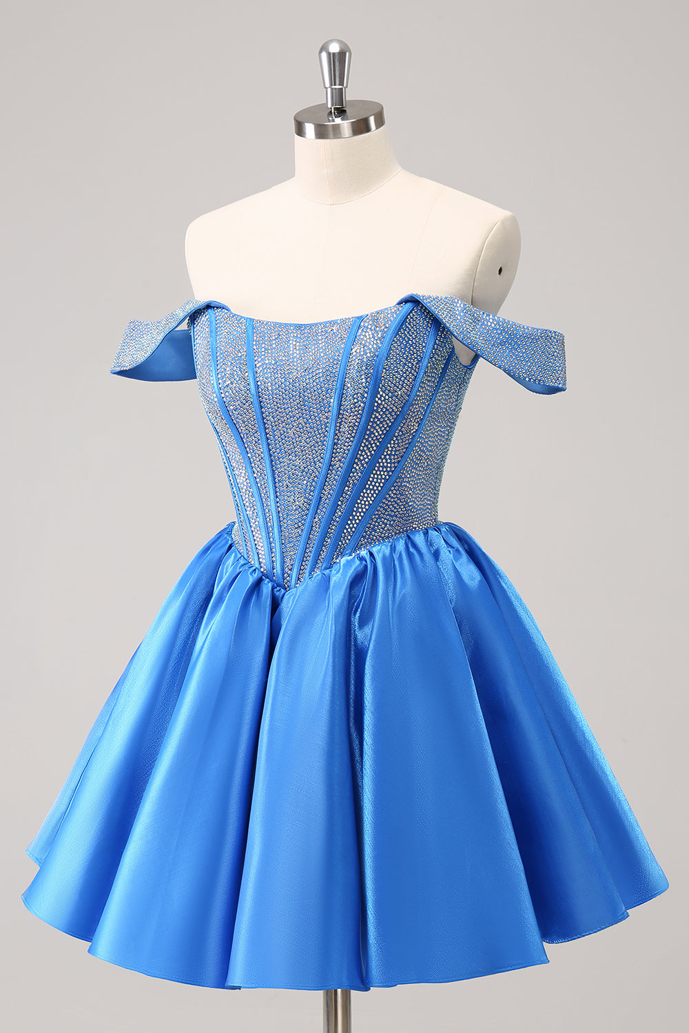 Sparkly Blue A-Line Off the Shoulder Beaded Satin Homecoming Dress