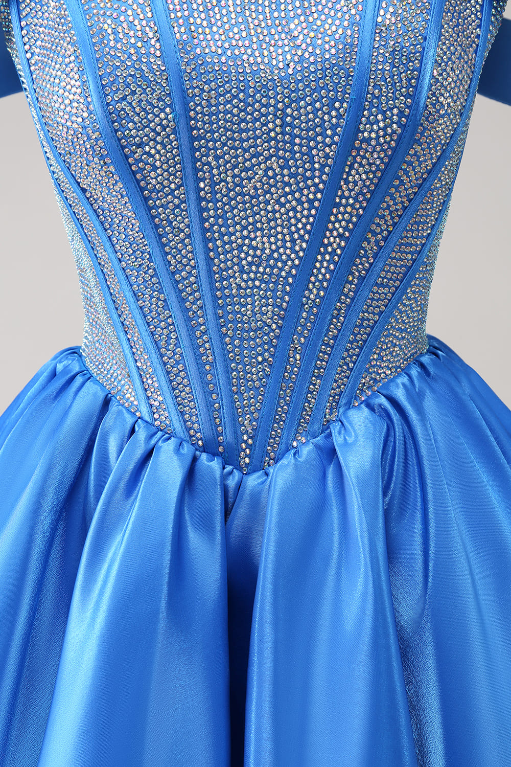 Sparkly Blue A-Line Off the Shoulder Beaded Satin Homecoming Dress