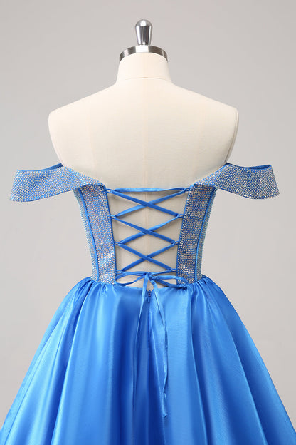 Sparkly Blue A-Line Off the Shoulder Beaded Satin Homecoming Dress