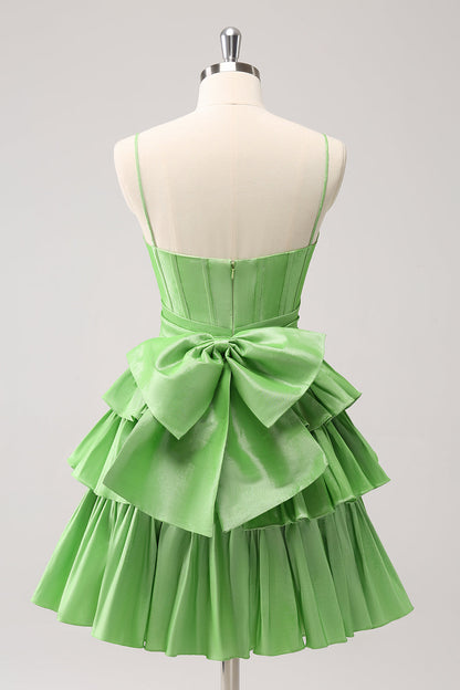 Cute A Line Corset Green Pleated Tiered Short Homecoming Dress with Bows