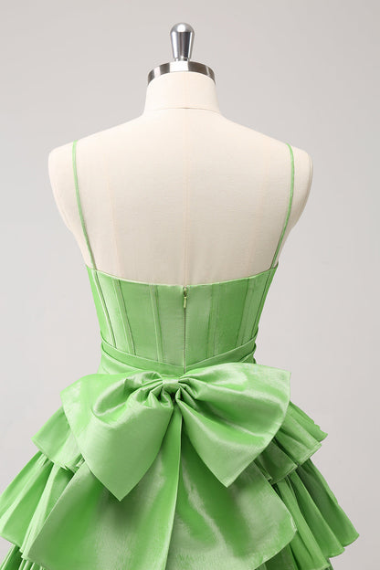 Cute A Line Corset Green Pleated Tiered Short Homecoming Dress with Bows