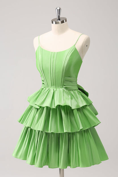 Cute A Line Corset Green Pleated Tiered Short Homecoming Dress with Bows