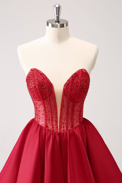 Cute Red A Line Strapless Ruffle Short Homecoming Dress with Beading