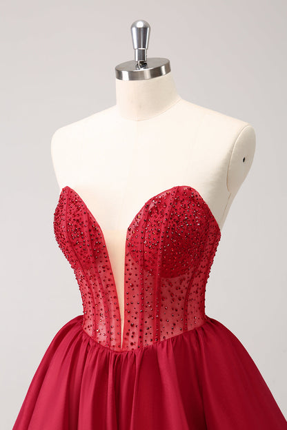 Cute Red A Line Strapless Ruffle Short Homecoming Dress with Beading