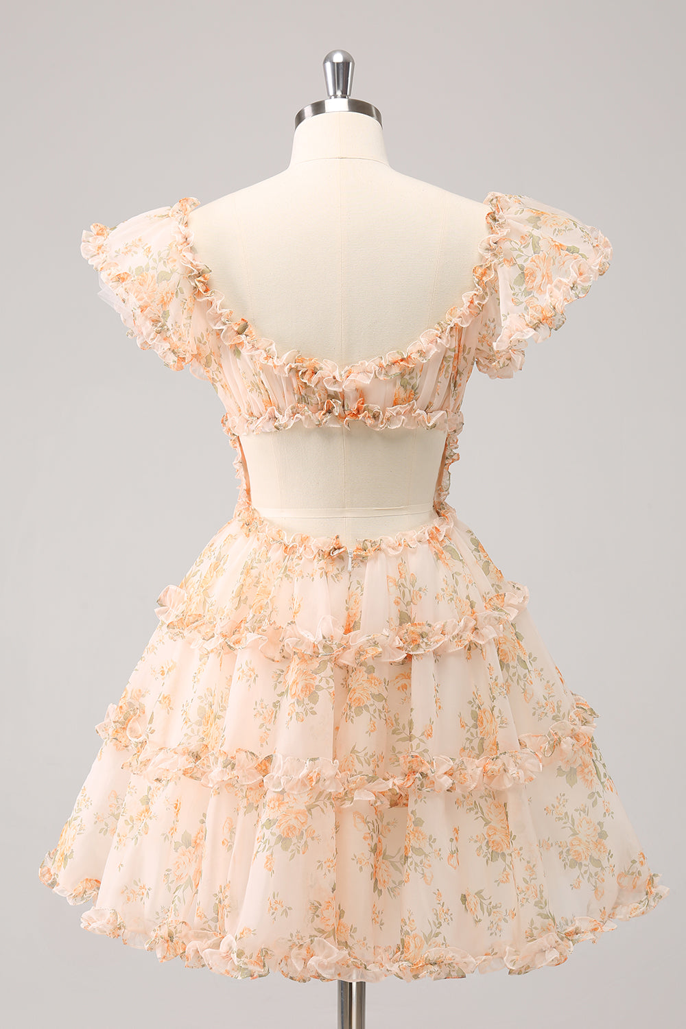 Yellow A-Line Ruffled Tulle Floral Print Homecoming Dress