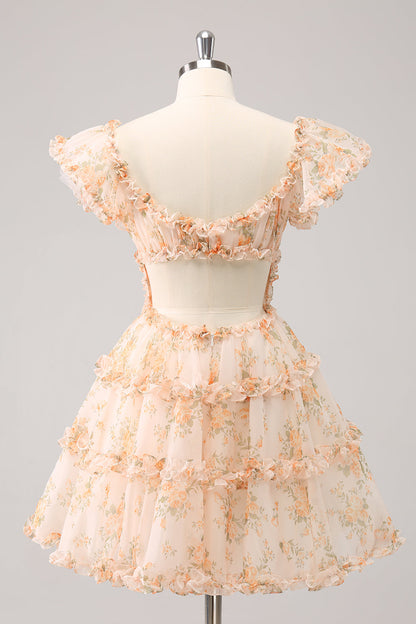 Yellow A-Line Ruffled Tulle Floral Print Homecoming Dress