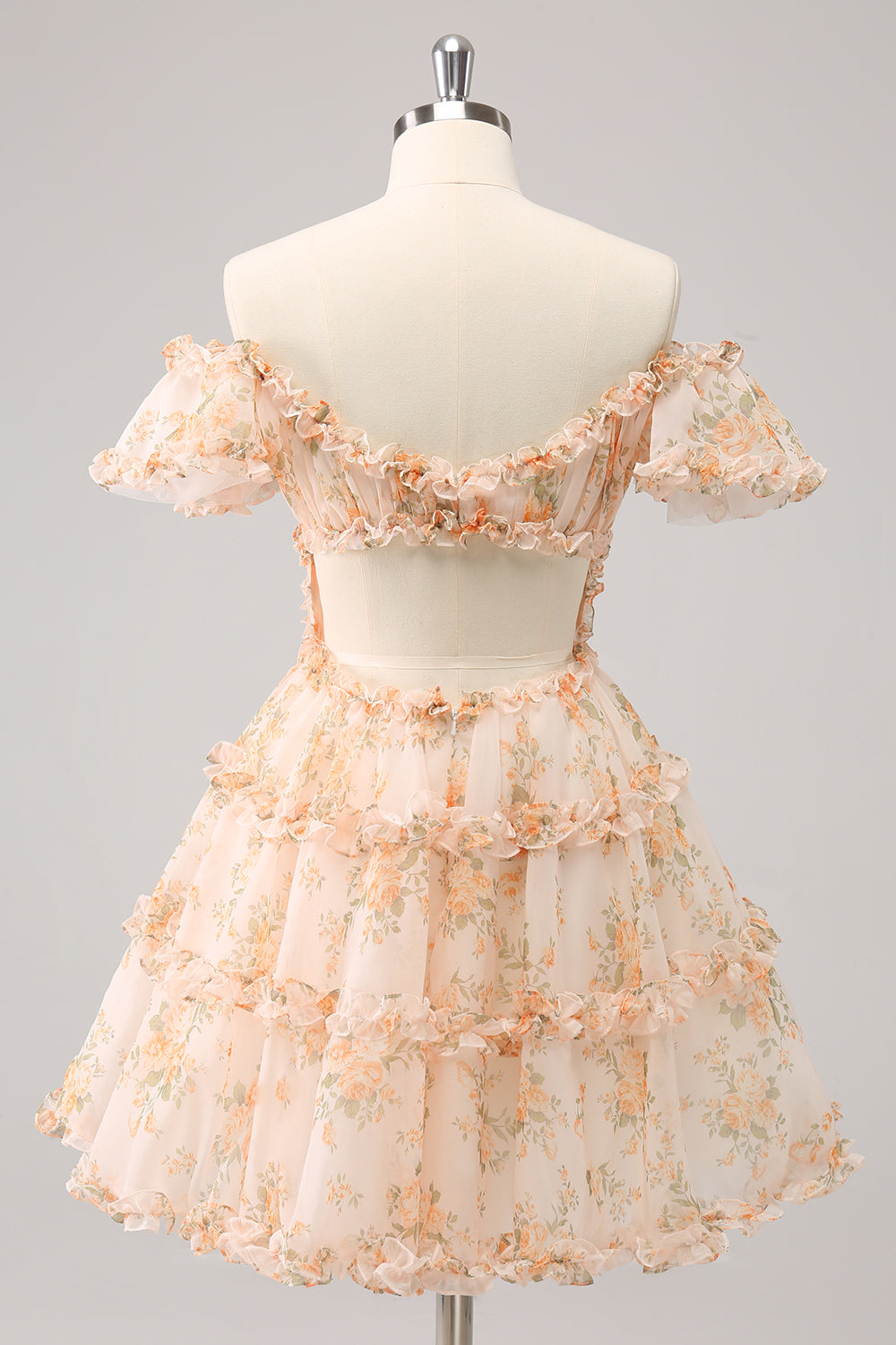 Yellow A-Line Ruffled Tulle Floral Print Homecoming Dress