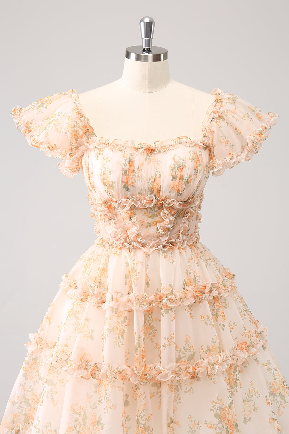 Yellow A-Line Ruffled Tulle Floral Print Homecoming Dress