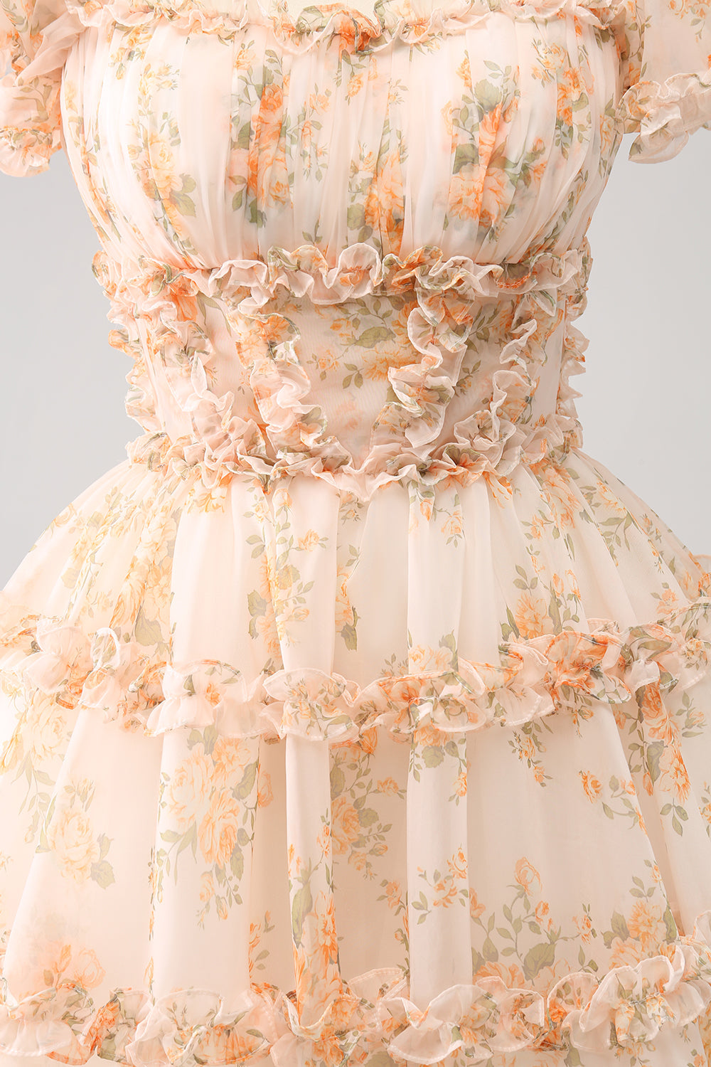 Yellow A-Line Ruffled Tulle Floral Print Homecoming Dress