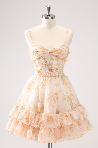 Yellow A-Line Front Twist Short Floral Homecoming Dress With Ruffles