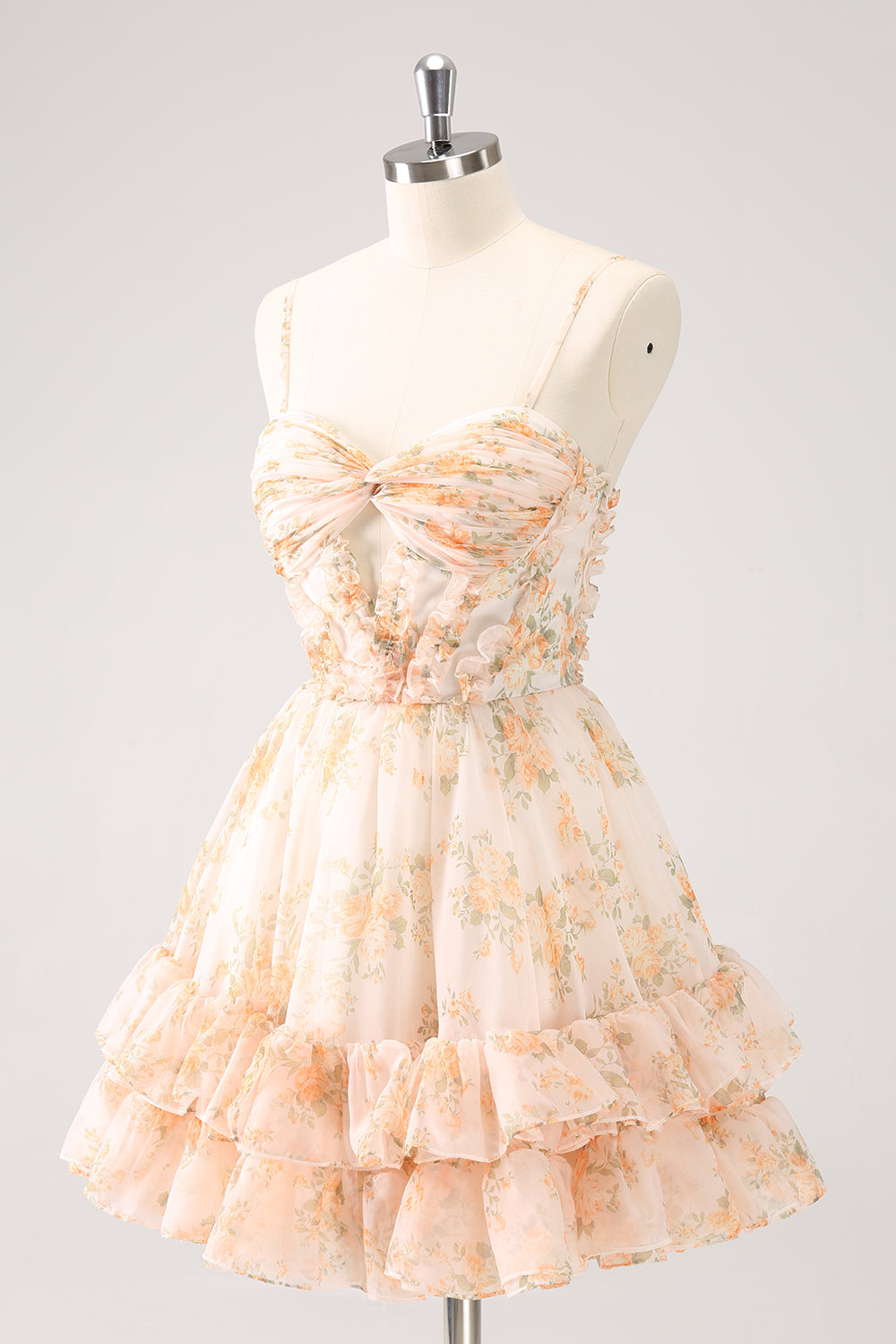 Yellow A-Line Front Twist Short Floral Homecoming Dress With Ruffles