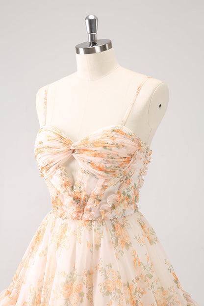 Yellow A-Line Front Twist Short Floral Homecoming Dress With Ruffles