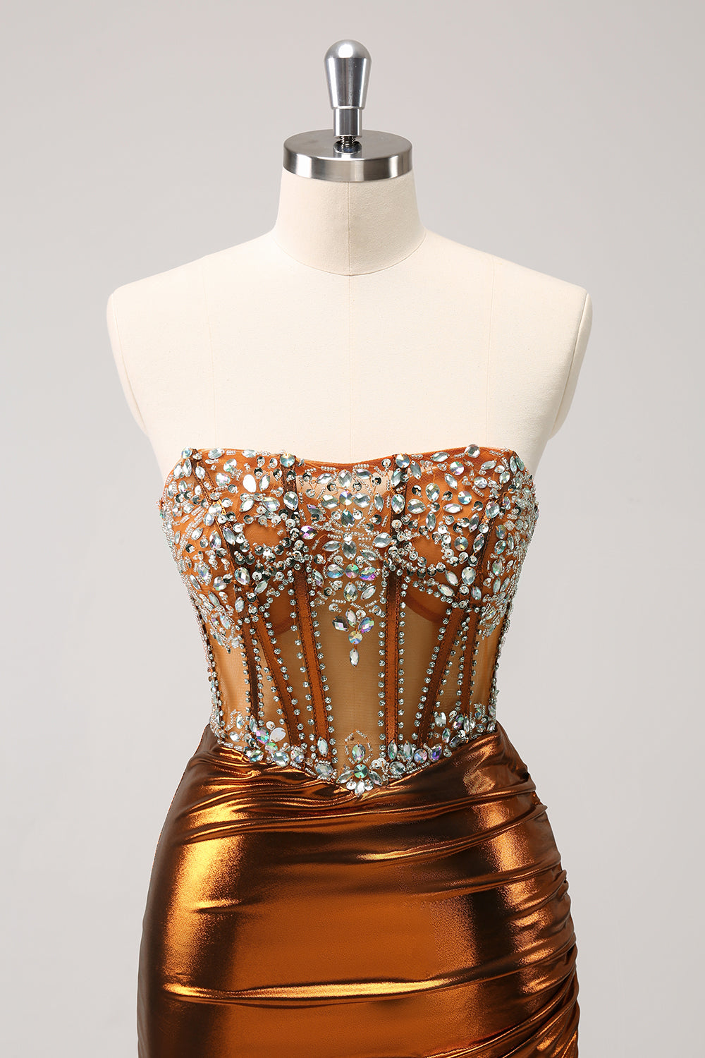 Glitter Beaded Copper Corset Pleated Strapless Short Tight Homecoming Dress