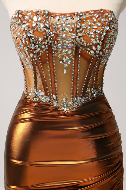 Glitter Beaded Copper Corset Pleated Strapless Short Tight Homecoming Dress