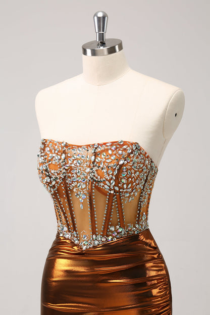 Glitter Beaded Copper Corset Pleated Strapless Short Tight Homecoming Dress